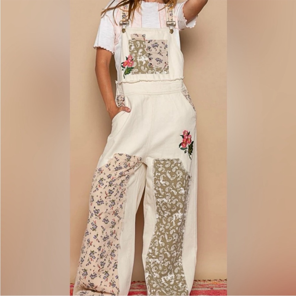POL Cream Overalls with Olive Paisley and Floral Trim Throughout
